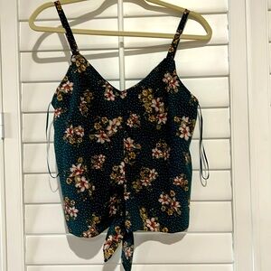 Strappy Dark Green & Beige Cream Florals with tiny polka dots front bow tie Top